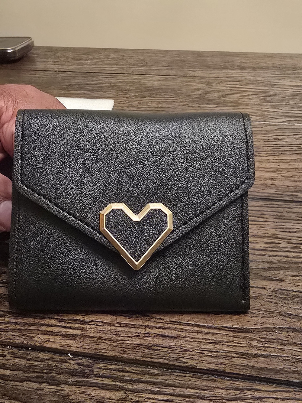 Black Women's Compact Wallet with Gold Heart Accent